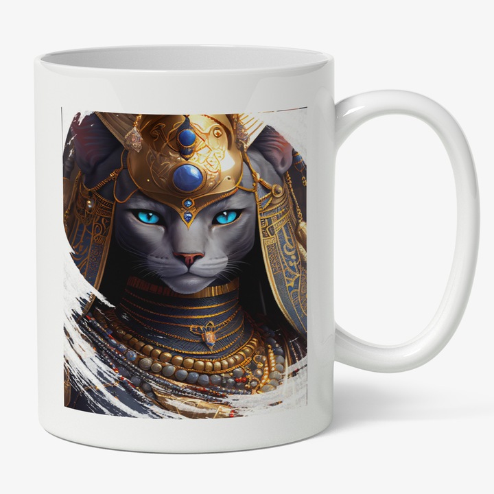 Чаша фараонова котка, злато, сини очи, златни колиета, Египет, карикатури, многоцветна 330 ml, бяла дръжка