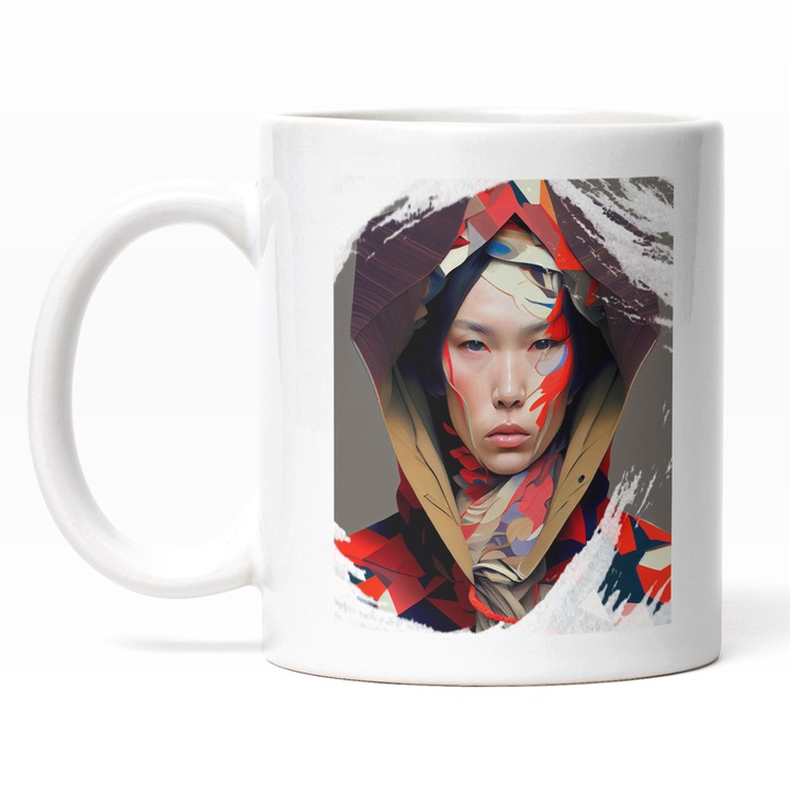 Cana Cu Portret Fata Asiatica Pictura Stearsa Bizar, Palarie Bizara, Tinuta Colorata Cu Guler Inalt, Carnaval Multicolor 330 ml, Maner Alb