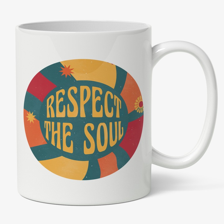 Cana Cu Text In Engleza Respect The Soul, Respecta Sufletul, Meditatie, Multicolor 330 ml, Maner Alb