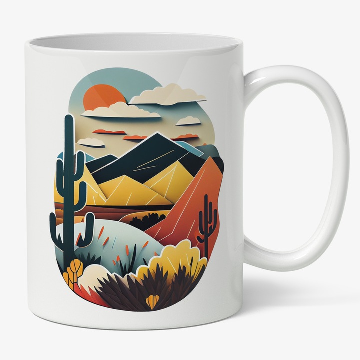 Cana Cu Peisaj Montant Colorat, Desert, Cactus Natura, Sabaticie, Apus De Soare, Anime Multicolor 330 ml, Maner Alb