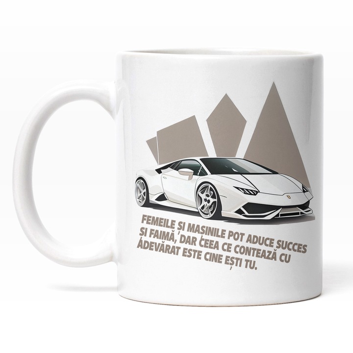 Cana Cu Masina Alba Sport De Curse, Mesaj Motivational Despre Incredere In Sine, Viteza, Motor Mare, Multicolor 330 ml, Maner Alb