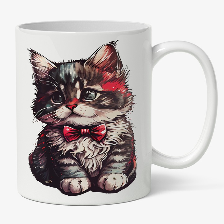 Cana Cu Pisica Mica Pufoasa Cu Papion Rosu, Desene Animate, Animal De Companie, Pisici Si Motani, Multicolor 330 ml, Maner Alb