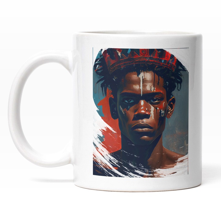 Cana Cu Pictura Curgatoare Portret Barbat Din Triburile Africane, Palarie Traditionala, Desene Pe Chip, Padure, Multicolor 330 ml, Maner Alb