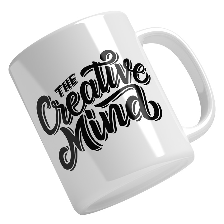 Cana Cu Mesaj Motivational In Engleza The Creative Mind, Ambitii Inalte, Creativitate, Negru 330 ml, Maner Alb