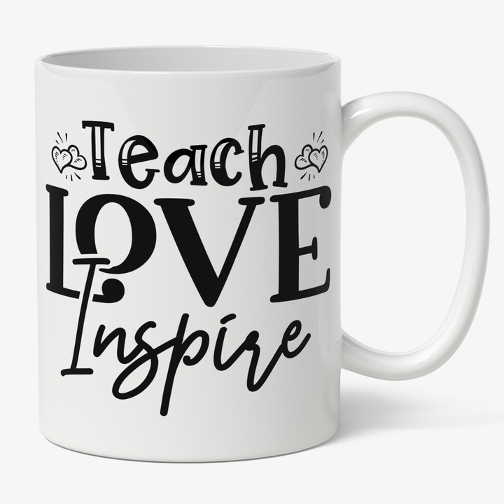 Cana Cu Text Motivational In Engleza It Teach Love Inspire, Inimoare, Ambitii Inalte, Negru 330 ml, Maner Alb