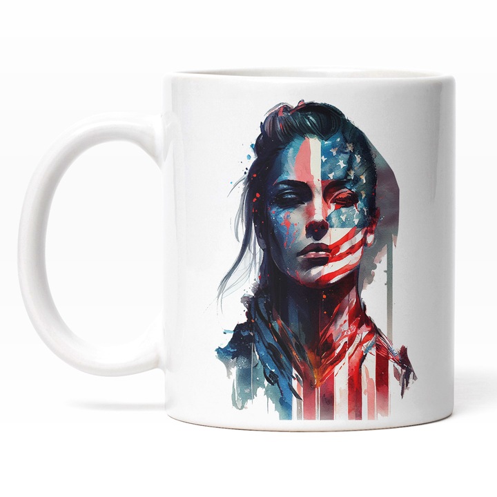 Чаша с лице на брюнетка, изрисувано знамето на Съединените американски щати, със сълзи в очите, кръв, патриот, многоцветна 330 ml, бяла дръжка
