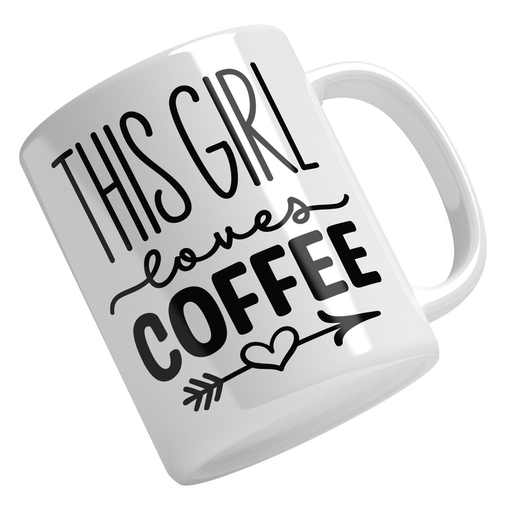 Cana Cu This Girl Loves Coffee, Inima Strapunsa De Sageata, Ceasca Mare De Cafea, Trezirea De Dimineata, Negru 330 ml, Maner Alb