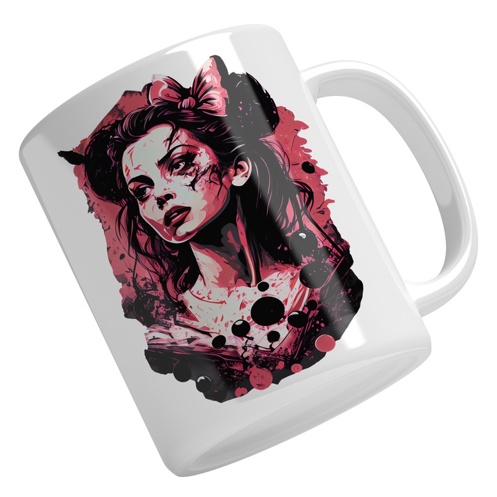 Cana Cu Portret fata Cu Cicatrici, Funda Roz In par, Film Horror, Par Brunet, Multicolor 330 ml, Maner Alb