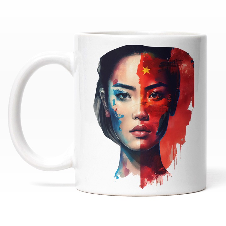 Cana Cu Chip Fata Bruneta Pictata, Cultura Chinezeasca, Cu Lacrimi In Ochii, Steagul Chinei, Patriot, Multicolor 330 ml, Maner Alb
