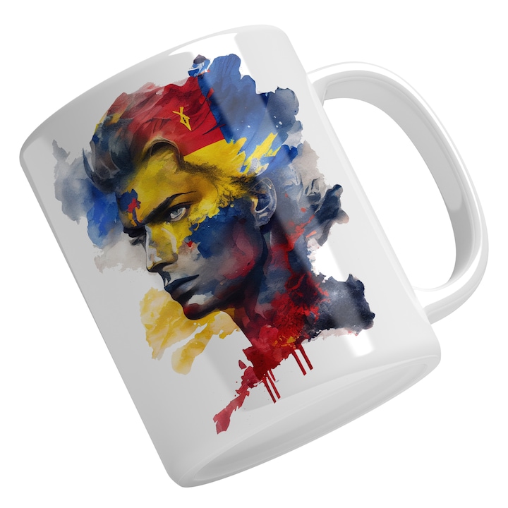 Cana Cu Portret Baiat, Pictura Curgatoare Steagul Romaniei Baiat Par Brunet, Pictata Pe Fata, Patriot, Multicolor 330 ml, Maner Alb