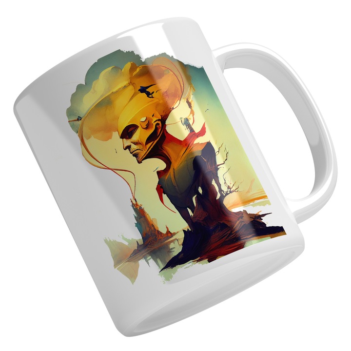 Cana Cu Sculptura Bizara Chip Uman Masculin, Apus De Soare, Castel Pe Insula, Arta Abstracta, Multicolor 330 ml, Maner Alb