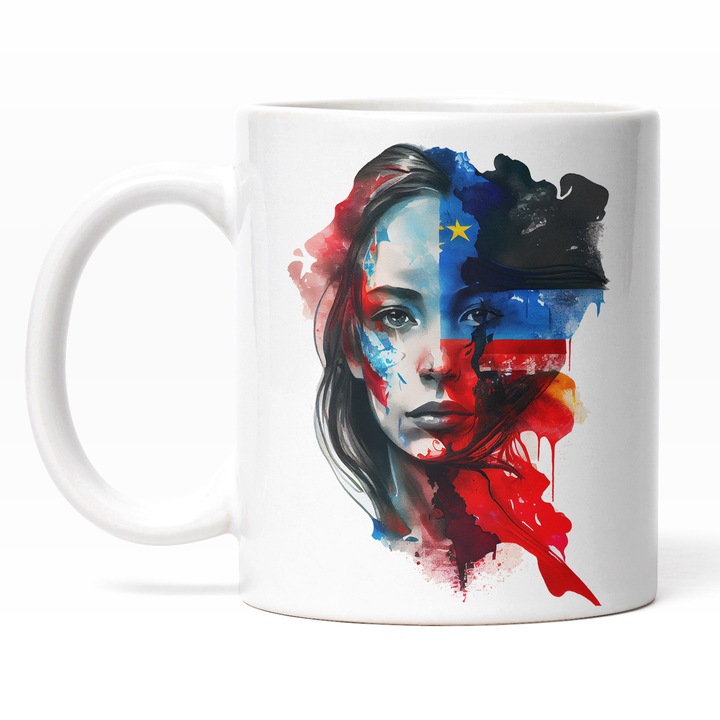 Cana Cu Pictura Curgatoare Portret Copil Pictata Pe Fata, Cu Lacrimi In Ochii, Steagul Statelor Unite Ale Americii, Patriot, Multicolor 330 ml, Maner Alb