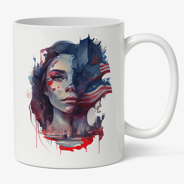 Cana Cu Chip Uman Feminin Cu Lacrimi In Ochii, Steagul Statelor Unite Ale Americii, Multicolor 330 ml, Maner Alb