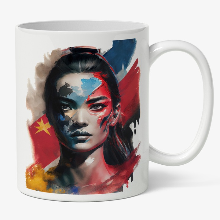Cana Cu Chip Fata Bruneta Pictata, Cultura Chinezeasca, Cu Lacrimi In Ochii, Steagul Statelor Unite Ale Americii si Al Chinei, Patriot, Multicolor 330 ml, Maner Alb