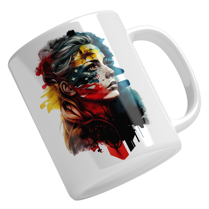 Cana Cu Pictura Curgatoare Portret Razboinica Uitandu-se In Dreapta, Pictata Pe Fata, Patriot, Steagul Statelor Unite Ale Americii Multicolor 330 ml, Maner Alb