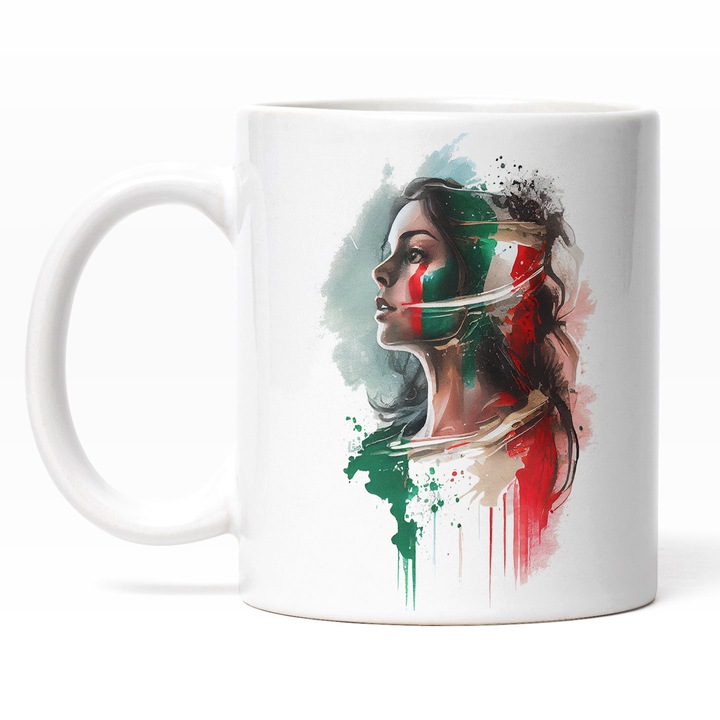 Cana Cu Pictura Curgatoare Copil, Steagul Italiei, Par Brunet, Pictata Pe Fata, Patriot, Pictura Curgatoare Multicolor 330 ml, Maner Alb