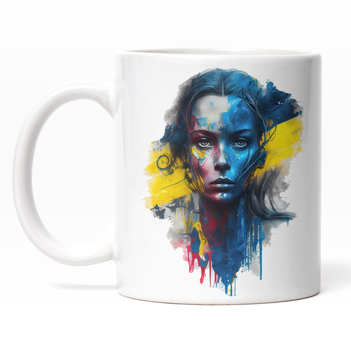 Cana Cu Copil Pictura Curgatoare Steagul Ucrainei, Par Blond Pictata Pe Fata, Patriot, Multicolor 330 ml, Maner Alb