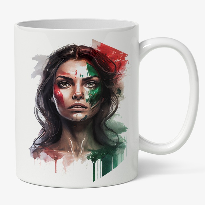 Cana Cu Portret Pictura Curgatoare Fata, Steagul Italiei, Par Brunet, Pictata Pe Fata, Patriot, Pictura Curgatoare Multicolor 330 ml, Maner Alb