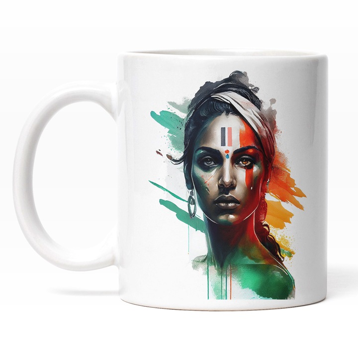 Cana Cu Portret Fata Cultura Indiana, Pictata Pe Fata, Patriot, Pictura Curgatoare Multicolor 330 ml, Maner Alb