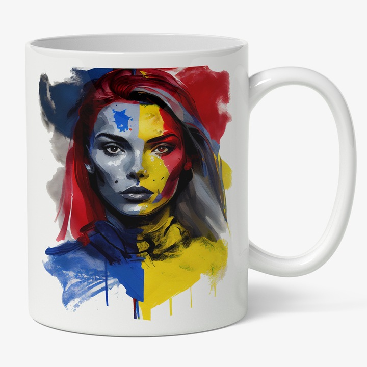 Cana Cu Portret Pictura Steagul Romaniei Curgatoare Par Brunet, Pictata Pe Fata, Patriot, Multicolor 330 ml, Maner Alb