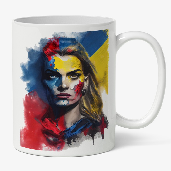 Cana Cu Fata Pictura Curgatoare Steagul Romaniei, Par Blond Pictata Pe Fata, Patriot, Multicolor 330 ml, Maner Alb