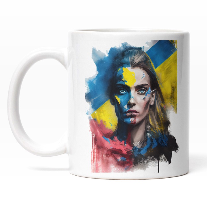 Cana Cu Fata Par Blond, Ochii Albastri, Steagul Romaniei, Par Blond Pictata Pe Fata, Patriot, Multicolor 330 ml, Maner Alb