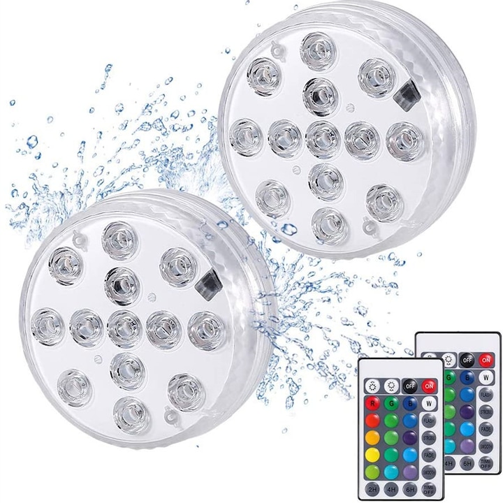 Set 2 lumini LED submersibile, Telecomanda, Impermeabil, Alb