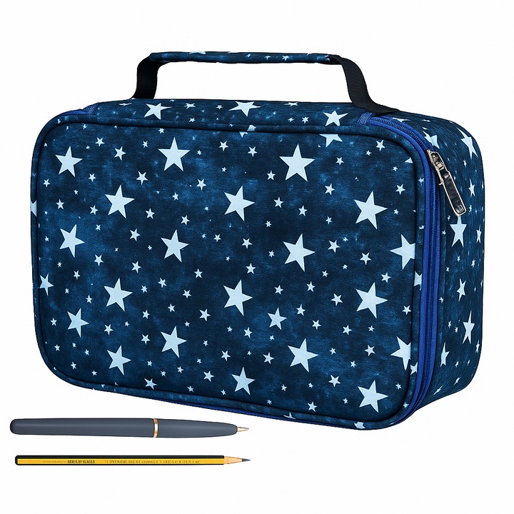 Penar ZEQAS tip geanta, 4 compartimente, lavabil, 72 accesorii, Cu pix + creion, Ideal scoala/birou, Design stelute, Albastru