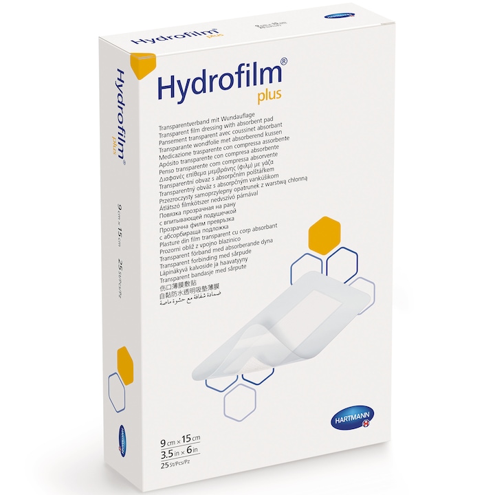 Комплект 25 пластира Hartmann, Hydrofilm, Самозалепващи, прозрачни, 9 x 15 см