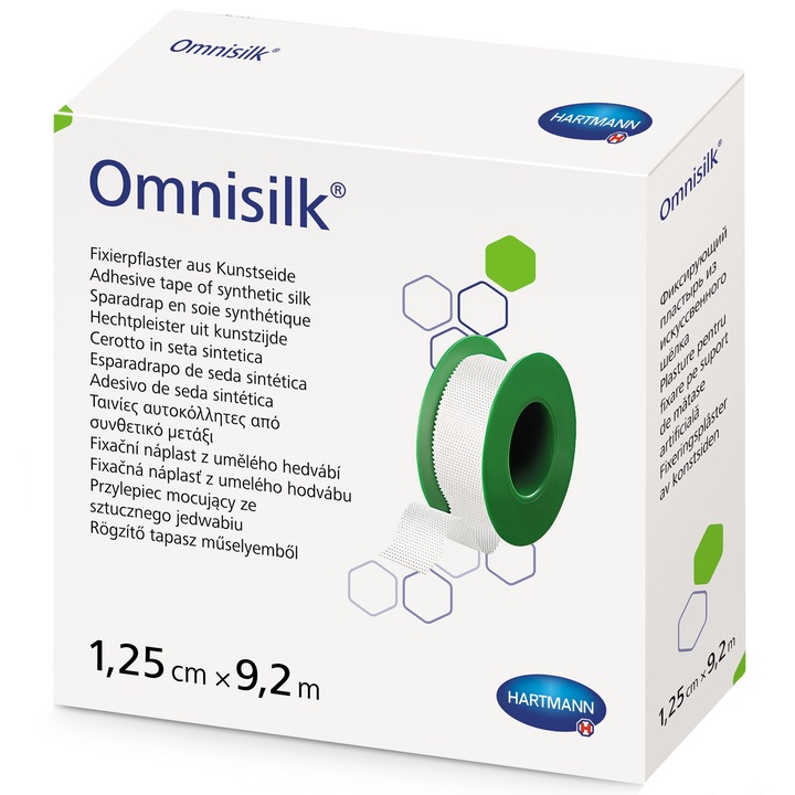 Omnisilk, plasturi in rola pe suport de matase cu margini zimtate pentru fixare pansamente,pentru pielea sensibila, 1.25cm x 9.2cm, HARTMANN