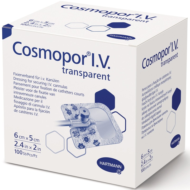 Plasturi transparenti sterili pentru fixarea branulelor Hartmann, Cosmopor I.V, 6 x 5 cm, 100 buc