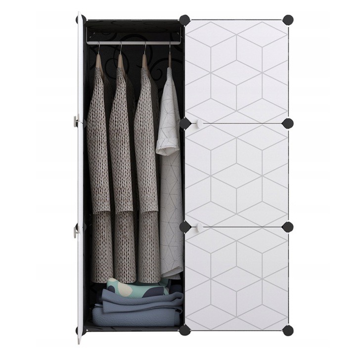 Dulap modular pentru haine, BADU, 4 rafturi, Model geometric, 75x37x110 cm, Alb-Negru