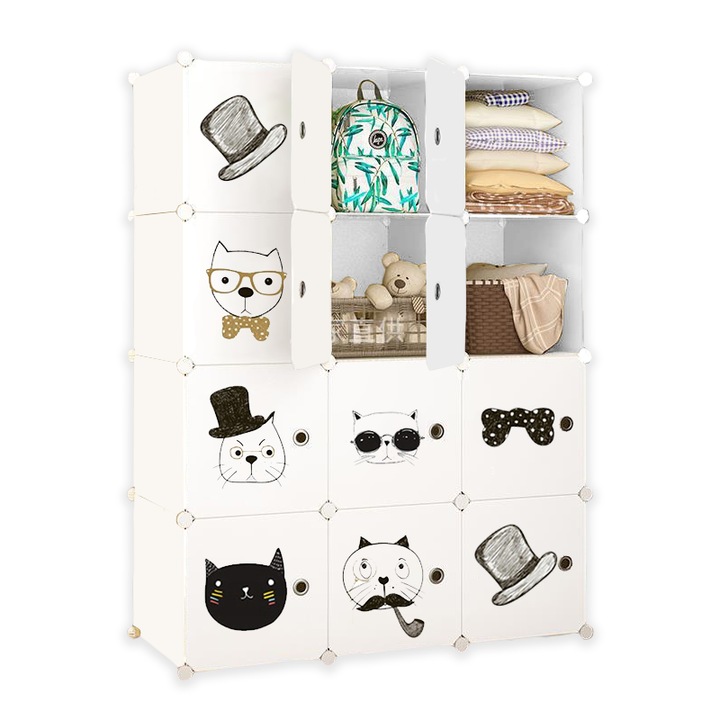 Dulap modular pentru copii, BADU, 12 rafturi, 111x37x147 cm, Alb