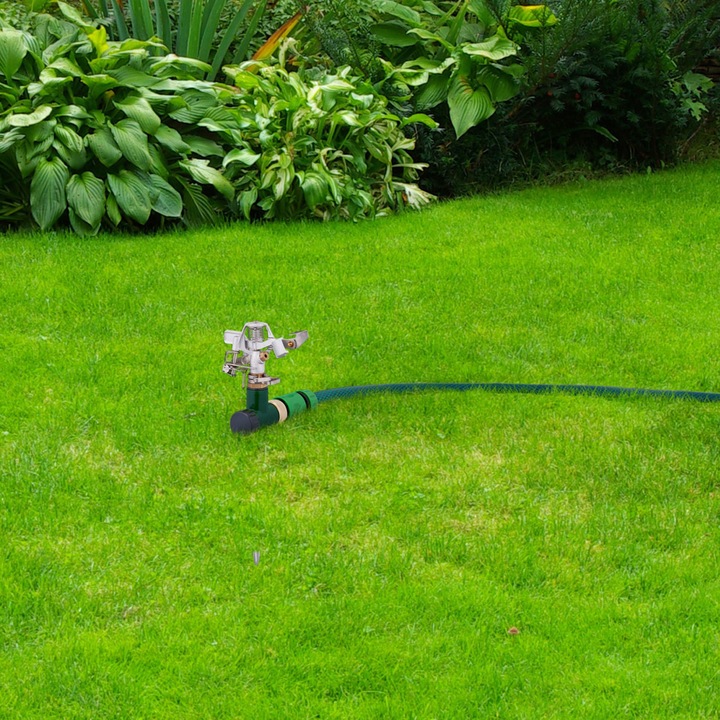 Aspersor cu puls, 12-14 m, ​​racord de 3/4'' si conector click, raza de stropire 360 °, unghi sector irigare reglabil, metal, gri