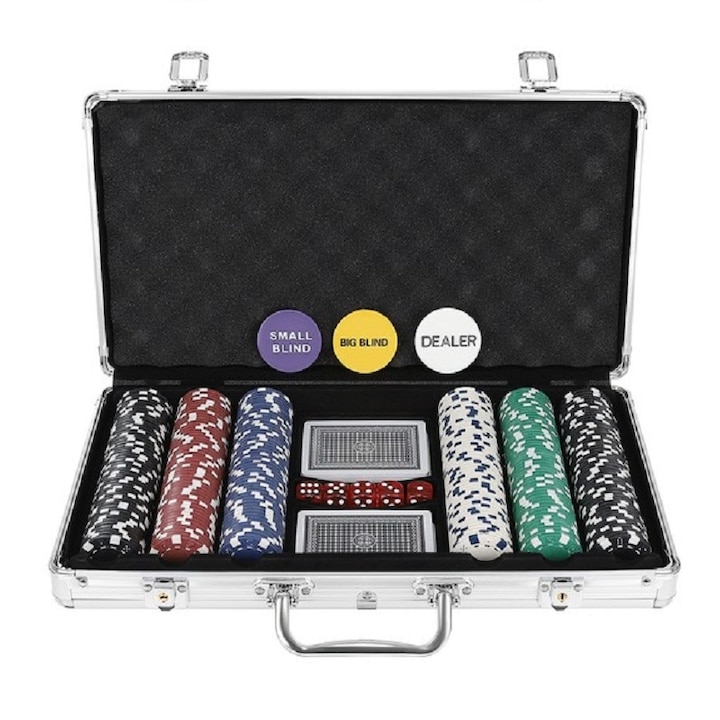 Комплект за покер, 300 чипа, алуминиева кутия за съхранение, Gonga, Многоцветен