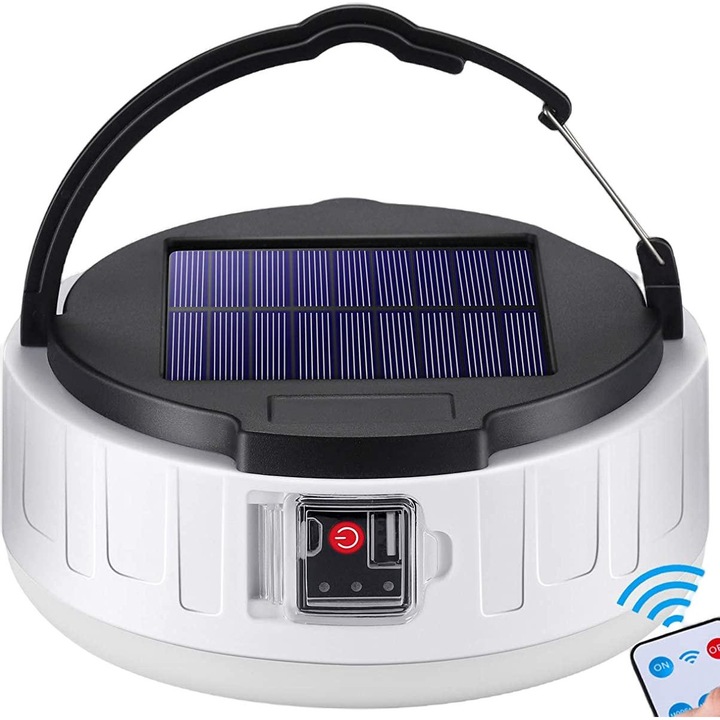 Lanterna LED pentru camping, ABS, 4 moduri, Impermeabila, Energie solara/USB, 4400 mAh, 16x16x6.6 cm, Alb