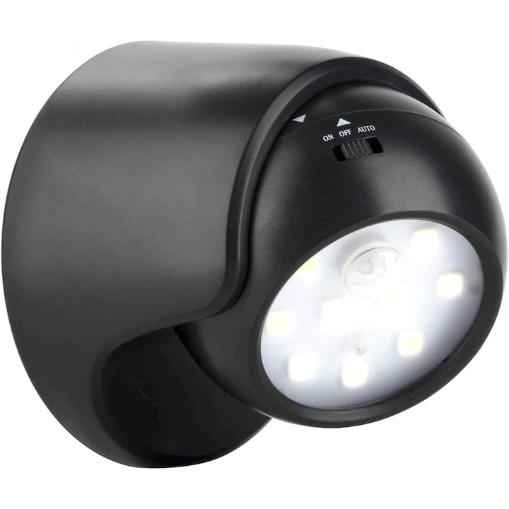LED kültéri vezeték nélküli lámpa, beépített mozgásérzékelővel, 360 fokos forgatással, fekete