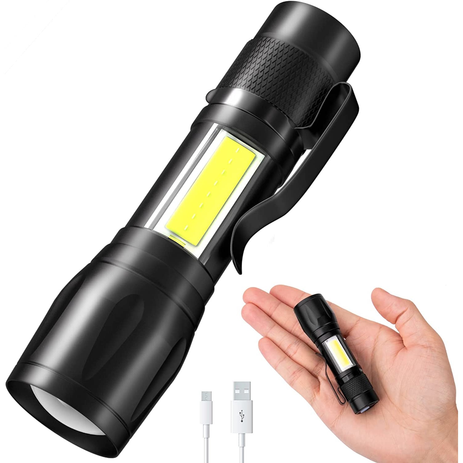 RCA - Lampe de Poche COB avec Mini Lanterne Rechargeable, 800 Lumens