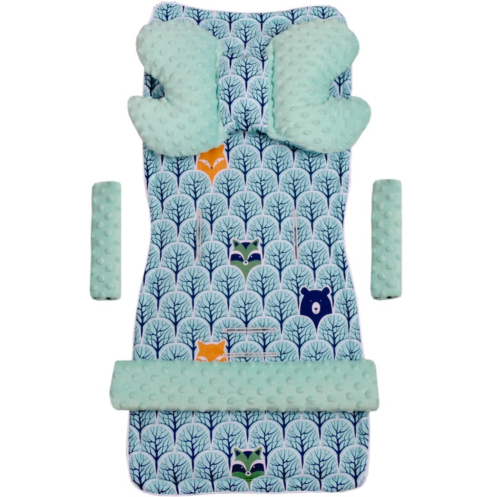 Set de 5 piese Insertie pentru carucior, Medi Partners, 78x35cm, 100% Bumbac, Model de Padure, Menta/Verde
