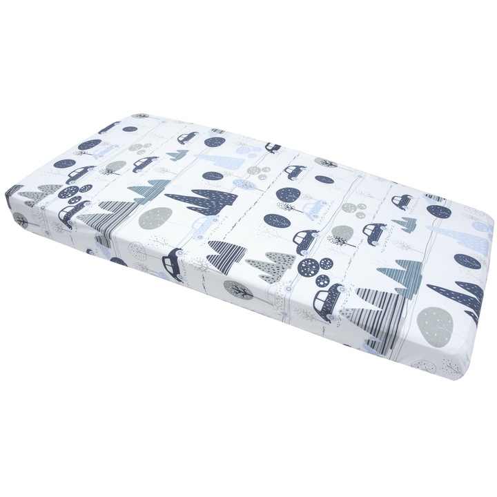 Cearsaf cu elastic pentru patut, Medi Partners, 60x120cm, Bumbac, Model de Masini Retro, Bleumarin/Alb