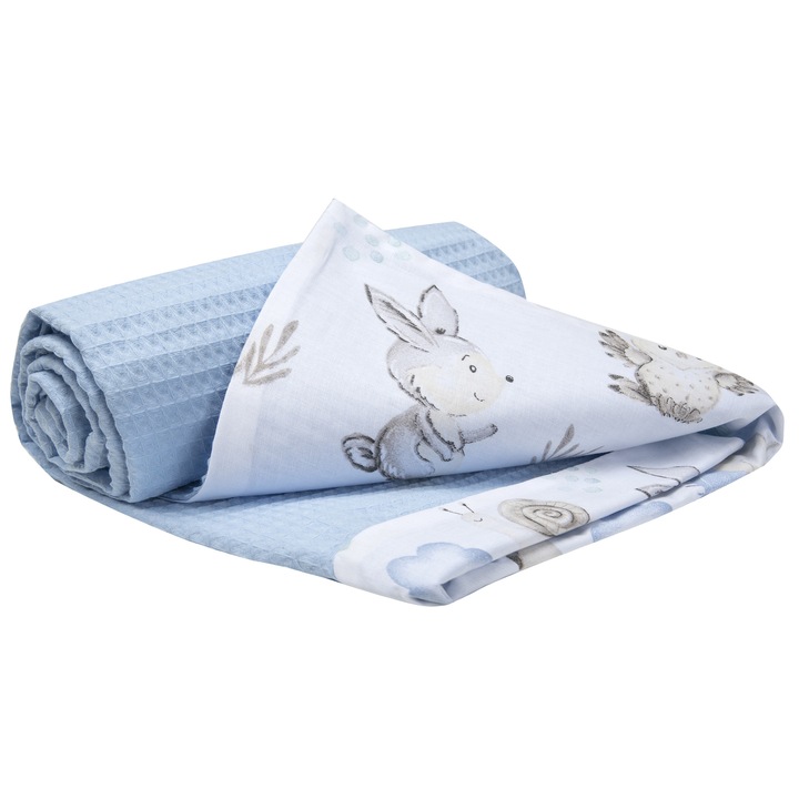 Paturica pentru bebelus, Medi Partners, 75x100cm, 100% Bumbac, Model de Caprioara si arici, Albastru/Alb