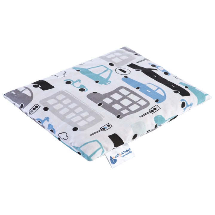 Perna colici pentru bebelusi, Medi Partners, Bumbac/Samburi de cirese, Cald/Rece, Model Masini, 20x25cm, 500g, Albastru/Gri