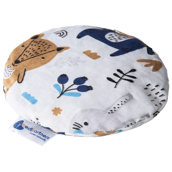 Perna colici pentru bebelusi, Medi Partners, Bumbac/Samburi de cirese, Cald/Rece, Model Boho Animals, round 15cm, 180g, Maro/Alb