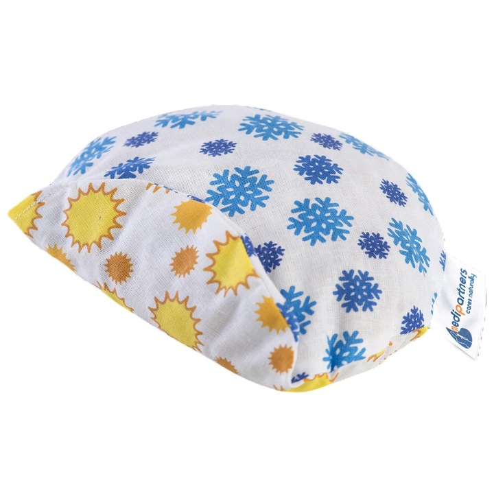 Perna colici pentru bebelusi, Medi Partners, Bumbac/Samburi de cirese, Cald/Rece, Model soare/fulg de zapada, round 15cm, 180g, Albastru/Galben