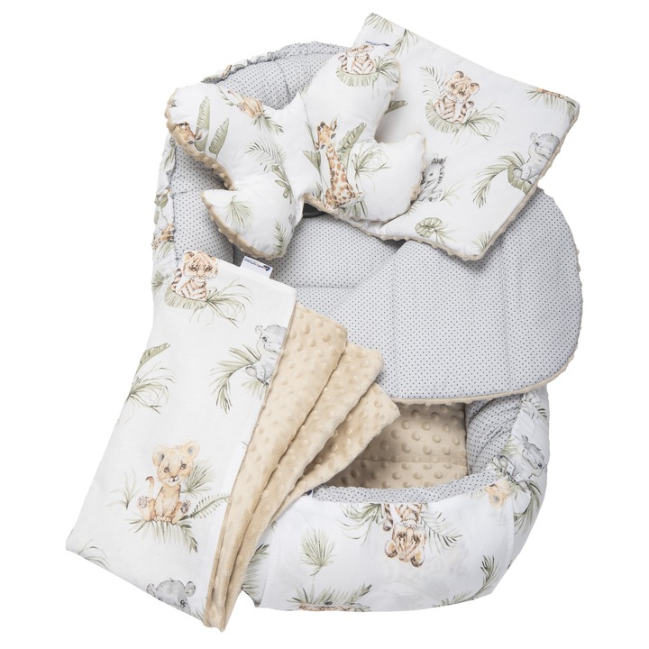 Set de 5 piese Cosulet bebe, Medi Partners, Model Safari, cu insertie detasabila, Perna fluture, patura, perna plata, 100x60x15cm, Gri/Bej