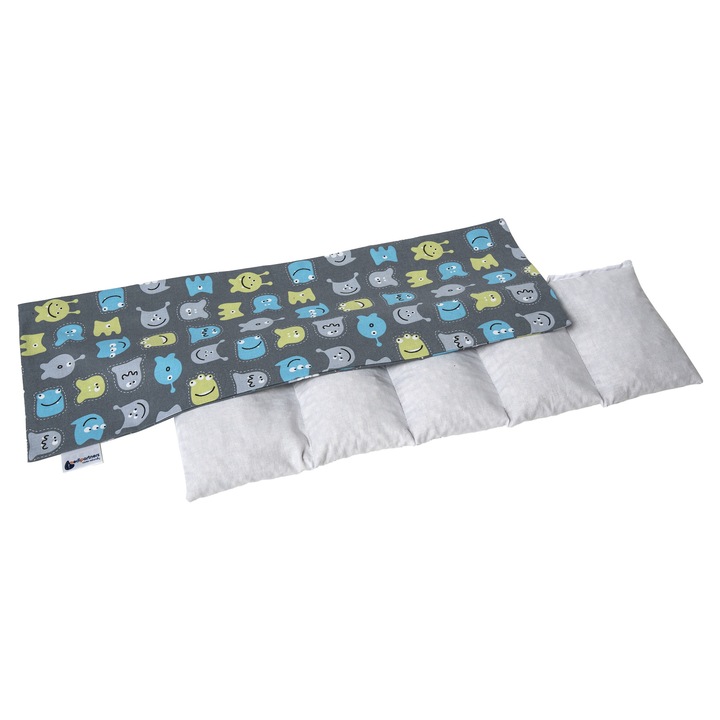 Perna cu seminte de cires, Medi Partners, Model de creaturi, Bumbac, 5 compartimente, Cald/Rece, 60x20cm, Gri/Alb