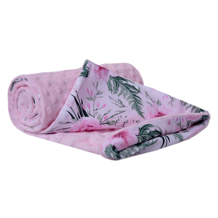 Бебешко одеяло, Medi Partners, модел на розови цветя, памук/полиестер, 75x100 см, розово/зелено