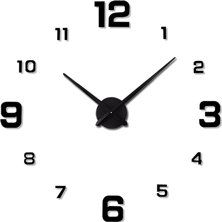 3D самозалепващ се стенен часовник, елегантен външен вид и огледален ефект, размер 70-130 см, черен