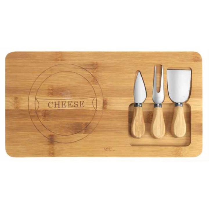 Комплект плато за сервиране на сирене с 3 инструмента, Ravi, бамбук/неръждаема стомана, 38 x 18,5 cm