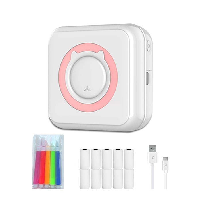 Kinsi Mini hőnyomtató, 10 db 57x25 mm-es papírtekercs, színes tollal, Bluetooth, iOS/Android kompatibilis, APP nyomtatás, fehér/rózsaszín